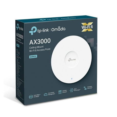 TP-Link Omada EAP650 V1 - Radio access point - Wi-Fi 6 - 2.4 GHz, 5 GHz - DC power - cloud-managed - wall  /  ceiling mountable - 11