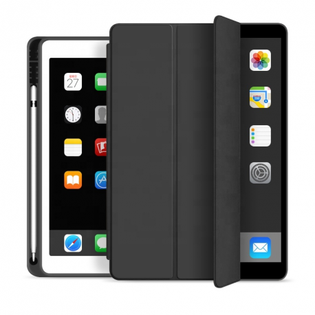 eSTUFF Pencil case - Screen cover for tablet - polyurethane leather, thermoplastic polyurethane (TPU) - black - 9.7" - for Apple 9.7-inch iPad (5th generation, 6th generation) - 0