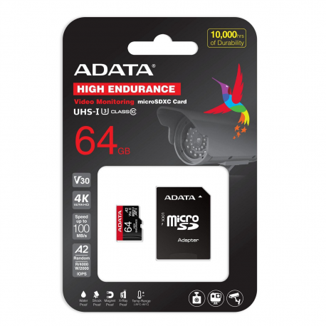 ADATA High Endurance - Flash memory card (microSDXC to SD adapter included) - 64 GB - A2 / Video Class V30 / UHS-I U3 / Class10 - microSDXC UHS-I - 1