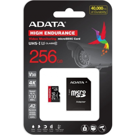 ADATA High Endurance - Flash memory card (microSDXC to SD adapter included) - 256 GB - A2 / Video Class V30 / UHS-I U3 / Class10 - microSDXC UHS-I - 3