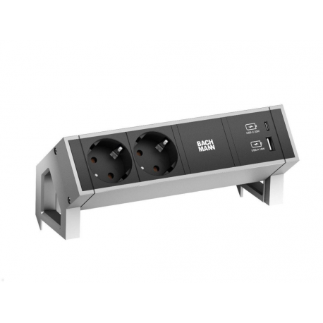 Bachmann DESK 2 - Power strip - included mounting bracket - AC 250 V - input: GST18 - output connectors: 2 (24 pin USB-C, USB, 2 x CEE 7 / 3) - 20 cm cord - stainless steel, black - 0