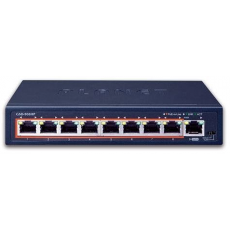 PLANET GSD-908HP - Switch - 8 x 10/100/1000 (PoE+) + 1 x 10/100/1000 (uplink) - desktop - PoE+ (120 W) - 1