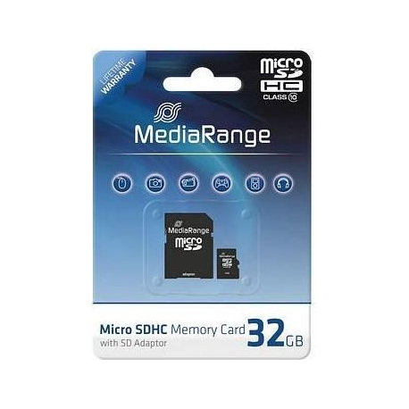 MediaRange - Flash memory card (microSDHC to SD adapter included) - 32 GB - Class 10 - microSDHC - black - 0