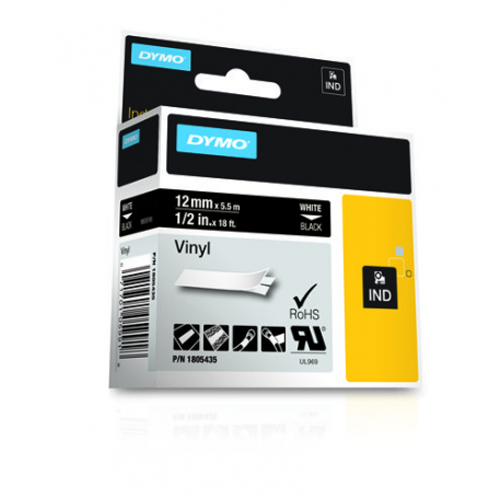 DYMO Rhino Coloured Vinyl - Vinyl - permanent adhesive - white on black - Roll (1.2 cm x 5.5 m) 1 cassette(s) tape - for DYMO ILP219; Rhino 4200, 5000, 5200, 6000; RhinoPRO 3000, 5000, 6000, 6500 - 2