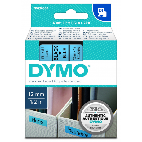 DYMO D1 - Self-adhesive - black on blue - Roll (1.2 cm x 7 m) 1 cassette(s) label tape - for LabelMANAGER 100, 160, 210, 220, 260, 280, 300, 360, 420, Wireless PnP; LabelPOINT 250 - 0