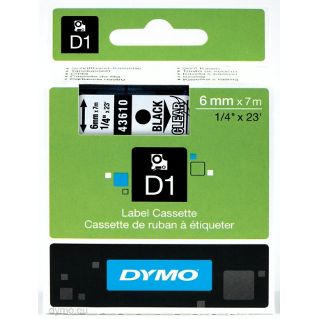 DYMO D1 - Glossy - black on clear - Roll (0.6cm x 7m) 1 cassette(s) tape - for LabelMANAGER 100, 160, 210, 220, 260, 280, 300, 360, 420, Wireless PnP; LabelPOINT 250 - 0