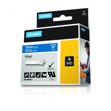 DYMO Rhino Coloured Vinyl - Vinyl - permanent adhesive - white on blue - Roll (1.9 cm x 5.5 m) 1 cassette(s) tape - for DYMO ILP219; Rhino 4200, 5000, 5200, 6000; RhinoPRO 3000, 5000, 6000, 6500 - 1