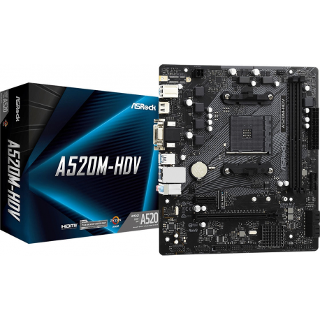 ASRock A520M-HDV - Motherboard - micro ATX - Socket AM4 - AMD A520 Chipset - USB 3.2 Gen 1 - Gigabit LAN - onboard graphics (CPU required) - HD Audio (8-channel) - 8