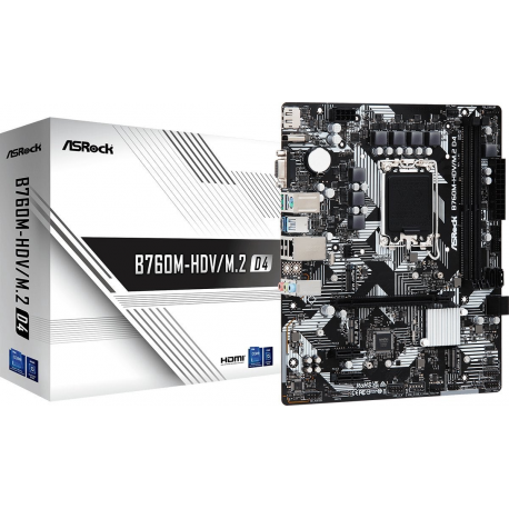ASRock B760M-HDV / M.2 D4 - Motherboard - micro ATX - LGA1700 Socket - B760 Chipset - USB 3.2 Gen 1, USB-C 3.2 Gen 1 - Gigabit LAN - onboard graphics (CPU required) - HD Audio (8-channel) - 0