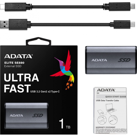 ADATA SE880 - SSD - 1 TB - external (portable) - USB 3.2 Gen 2 (USB-C connector) - titanium grey - 5