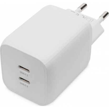 Digitus - Power adapter - GaN - 65 Watt - 3.25 A - PD 3.0 - 2 output connectors (24 pin USB-C) - on cable: USB-C - white - 0