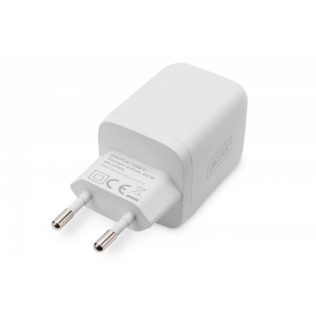 Digitus - Power adapter - GaN - 65 Watt - 3.25 A - PD 3.0 - 2 output connectors (24 pin USB-C) - on cable: USB-C - white - 2
