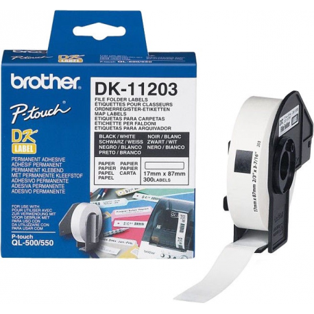 Brother DK-11203 - Black on white - 17 x 87 mm 300 label(s) (1 roll(s) x 300) file folder labels - for Brother QL-1050, 1060, 1110, 500, 550, 560, 570, 580, 600, 650, 700, 710, 720, 820 - 1
