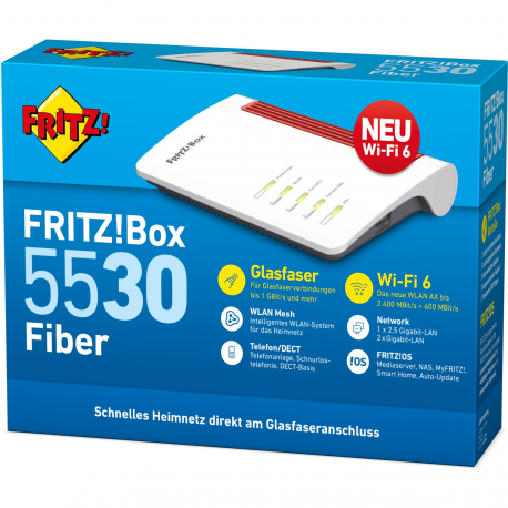 AVM FRITZ!Box 5530 Fiber - Wireless router - GPON terminal / voice card - 3-port switch - GigE, 2.5 GigE, GPON, XGS-PON, AON - 802.11a/b/g/n/ac/ax - Dual Band - VoIP phone adapter (DECT) - 4