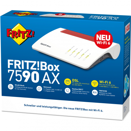 AVM FRITZ!Box 7590 AX - Wireless router - DSL modem - 4-port switch - GigE - 802.11a/b/g/n/ac/ax - Dual Band - VoIP phone adapter (DECT) - 6