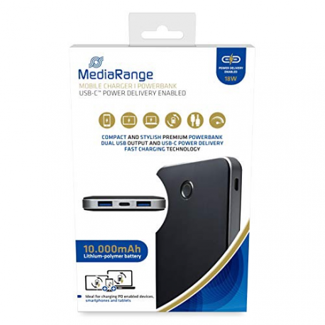 MediaRange MR753 - Power bank - 10000 mAh - 37 Wh - 22.5 Watt - 5 A - PD, QC - 3 output connectors (2 x USB, USB-C) - on cable: USB-C - black, silver - 1
