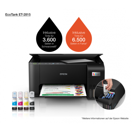 Epson EcoTank ET-2815 - Multifunction printer - colour - ink-jet - refillable - A4 (media) - up to 10 ppm (printing) - 100 sheets - USB, Wi-Fi - black - 23