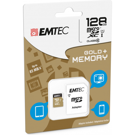 EMTEC Gold+ - Flash memory card (SD adapter included) - 128 GB - Class 10 - microSD - gold - 1