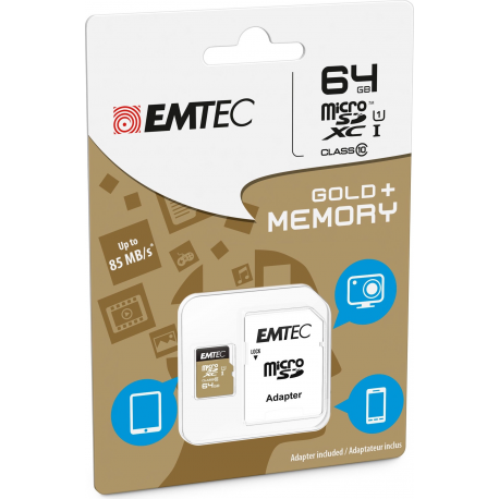 EMTEC Gold+ - Flash memory card (SD adapter included) - 64 GB - Class 10 - microSD - gold - 1