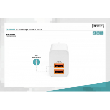Digitus - Power adapter - 15.5 Watt - 3.1 A - PD 3.0 (2 x USB) - white - 4