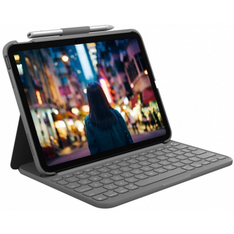 Logitech Slim Folio - Keyboard and folio case - wireless - Bluetooth LE - QWERTY - US International - oxford grey - 0