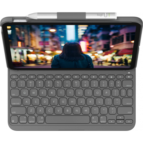Logitech Slim Folio - Keyboard and folio case - wireless - Bluetooth LE - QWERTY - English - oxford grey - 0
