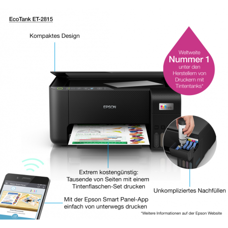 Epson EcoTank ET-2815 - Multifunction printer - colour - ink-jet - refillable - A4 (media) - up to 10 ppm (printing) - 100 sheets - USB, Wi-Fi - black - 47
