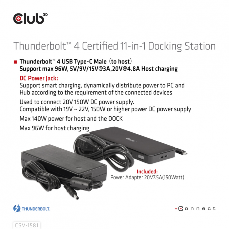 Club 3D - Docking station - USB-C / Thunderbolt 3 / Thunderbolt 4 - 3 x Thunderbolt 4 - GigE - 140 Watt - 12