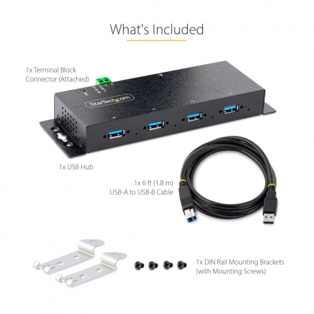StarTech.com 4-Port Industrial USB 3.0 5Gbps Hub, Rugged USB Hub w / 15kV Air / 8kV Contact ESD and Surge Protection, DIN / Wall / Desk Mountable USB-A Hub, USB Expansion Hub with Locking Ports - Metal Construction (5G4AINDNP-USB-A-HUB) - Hub - industrial - 4 x USB 3.2 Gen 1 - desktop, DIN rail mountable, wall-mountable - 20