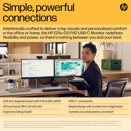HP E24u G5 - E-Series - LED monitor - 23.8" (23.8" viewable) - 1920 x 1080 Full HD (1080p) @ 75 Hz - IPS - 250 cd / m² - 1000:1 - 5 ms - HDMI, DisplayPort, USB-C - black head, black and silver (stand) - 23