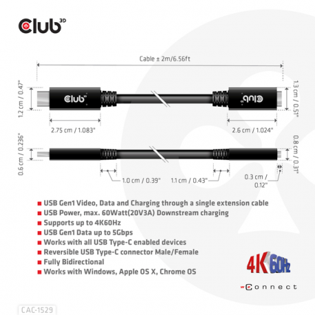 Club 3D CAC-1531 - USB extension cable - USB-C (M) to USB-C (F) - 20 V - 3 A - 1 m - bi-directional, 4K60Hz support - 3