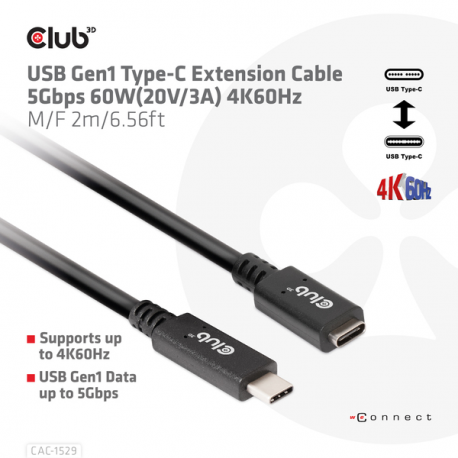 Club 3D CAC-1529 - USB extension cable - USB-C (M) to USB-C (F) - 20 V - 3 A - 2 m - bi-directional, 4K60Hz support - 7