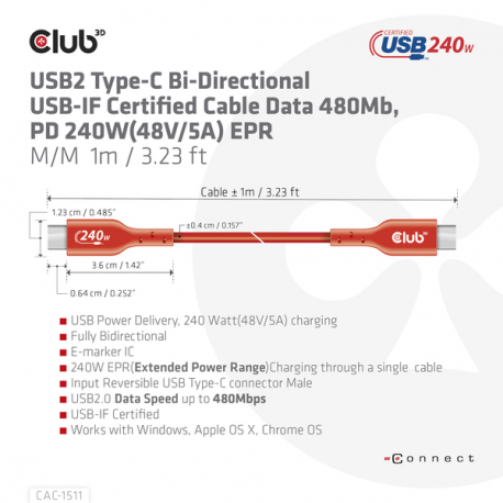 Club 3D - USB cable - 24 pin USB-C (M) to 24 pin USB-C (M) - USB 2.0 - 48 V - 5 A - 1 m - bi-directional, up to 240W power delivery support, extended power range (EPR) - 7