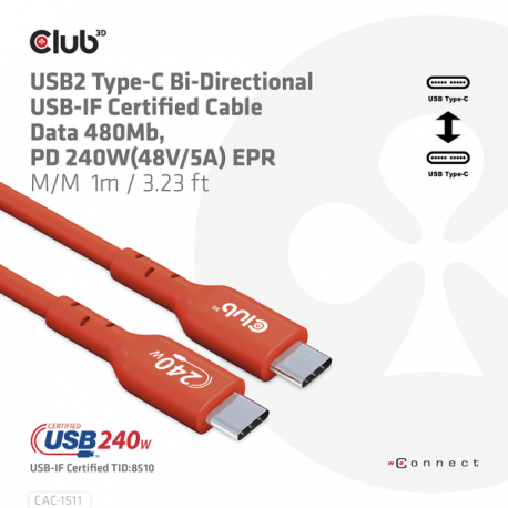 Club 3D - USB cable - 24 pin USB-C (M) to 24 pin USB-C (M) - USB 2.0 - 48 V - 5 A - 1 m - bi-directional, up to 240W power delivery support, extended power range (EPR) - 10