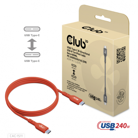 Club 3D - USB cable - 24 pin USB-C (M) to 24 pin USB-C (M) - USB 2.0 - 48 V - 5 A - 4 m - bi-directional, up to 240W power delivery support, extended power range (EPR) - 9