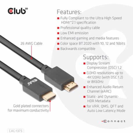 Club 3D - Ultra High Speed - HDMI cable - HDMI male to HDMI male - 5 m - black - 4K120Hz support, 8K60Hz support - 3