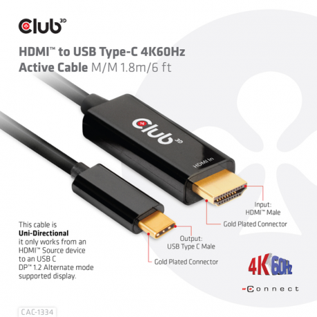 Club 3D - Adapter cable - HDMI male to 24 pin USB-C male - 1.8 m - active, 4K60Hz (4096 x 2160) support - 6