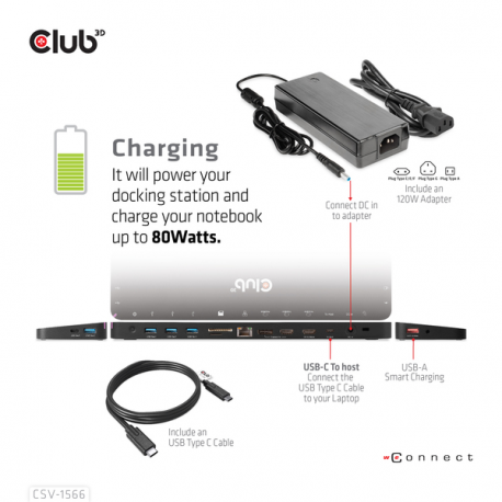 Club 3D - Docking station - USB-C - 2 x HDMI, DP - GigE - 120 Watt - 13