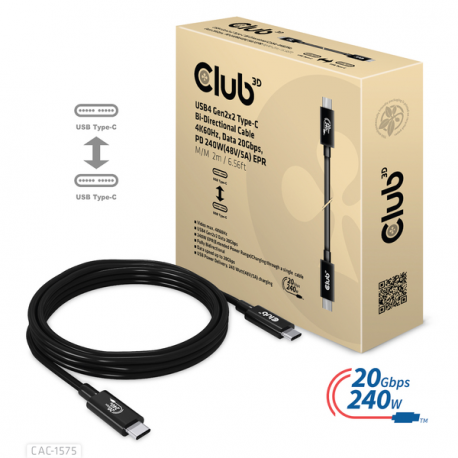 Club 3D - USB cable - 24 pin USB-C (M) to 24 pin USB-C (M) - USB4 Gen2x2 - 48 V - 5 A - 2 m - bi-directional, 4K60Hz support, up to 240W power delivery support, extended power range (EPR) - 3