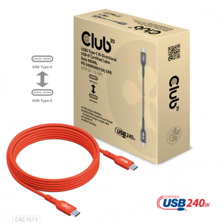Club 3D - USB cable - 24 pin USB-C (M) to 24 pin USB-C (M) - USB 2.0 - 48 V - 5 A - 2 m - bi-directional, up to 240W power delivery support, extended power range (EPR) - 1
