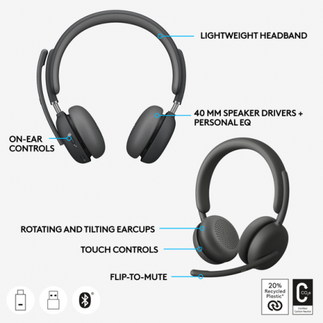 Logitech Zone Wireless 2 - Headset - on-ear - Bluetooth - wireless - active noise cancelling - USB-C via Bluetooth adapter - graphite - Certified for Microsoft Teams - 1