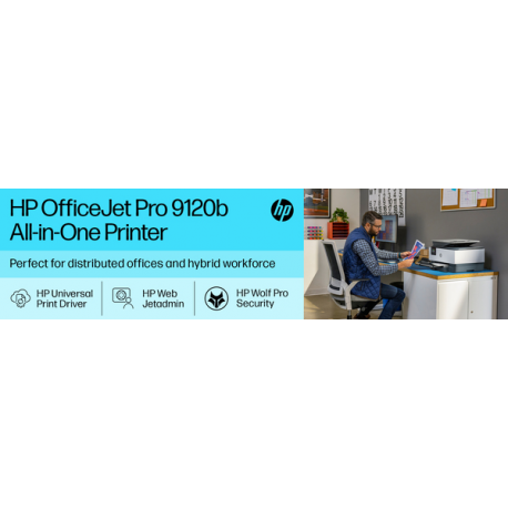 HP Officejet Pro 9120b All-in-One - Multifunction printer - colour - ink-jet - Legal (216 x 356 mm) (original) - A4 / Legal (media) - up to 19 ppm (copying) - up to 20 ppm (printing) - 250 sheets - 33.6 Kbps - USB 2.0, LAN, Wi-Fi(n), USB host - 19