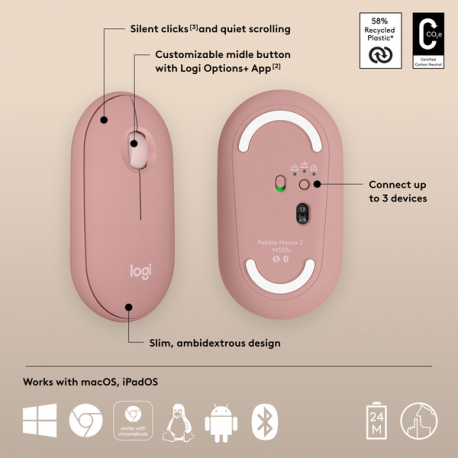 Logitech Pebble 2 M350s - Mouse - optical - 3 buttons - wireless - Bluetooth 5.2 LE - tonal rose - 2