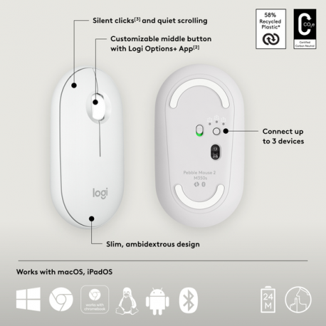 Logitech Pebble 2 M350s - Mouse - optical - 3 buttons - wireless - Bluetooth 5.2 LE - tonal white - 8
