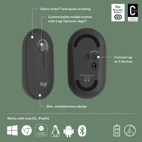 Logitech Pebble 2 M350s - Mouse - optical - 3 buttons - wireless - Bluetooth 5.2 LE - tonal graphite - 3