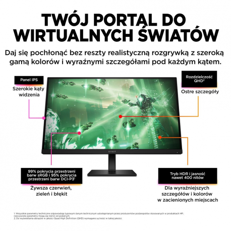 OMEN by HP 27q - LED monitor - gaming - 27" - 2560 x 1440 QHD @ 165 Hz - IPS - 400 cd / m² - 1000:1 - HDR400 - 1 ms - 2xHDMI, DisplayPort - black - 7