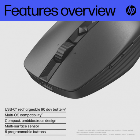 HP 715 - Mouse - multi-device, rechargeable - 7 buttons - wireless, wired - 2.4 GHz, Bluetooth 3.0 - USB wireless receiver - black - 18