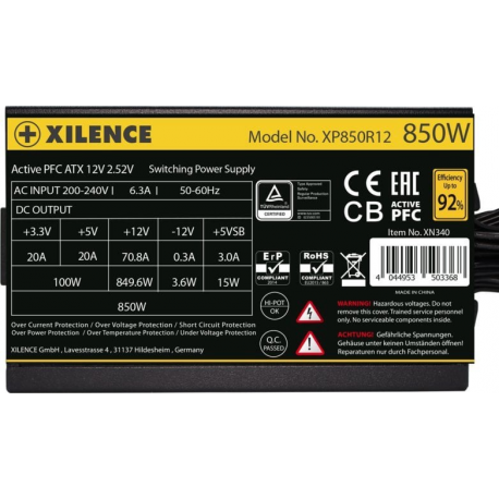 Xilence Gaming GOLD Series XP850R12 - Power supply (internal) - ATX12V 2.52 - 80 PLUS Gold - AC 200-240 V - 850 Watt - active PFC - black - 3