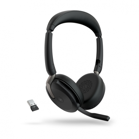 Jabra Evolve2 65 Flex MS Stereo - Headset - on-ear - Bluetooth - wireless - active noise cancelling - USB-A - black - with wireless charging pad - Certified for Microsoft Teams - 2