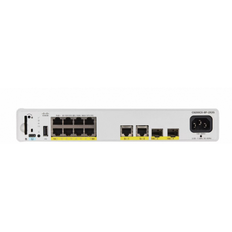 Cisco Catalyst 9200CX - Network Essentials - switch - compact - L3 - Managed - 8 x 10 / 100 / 1000 (PoE+) + 2 x 1000Base-T + 2 x 10 Gigabit SFP+ (uplink) - rack-mountable - PoE+ (240 W) - 0